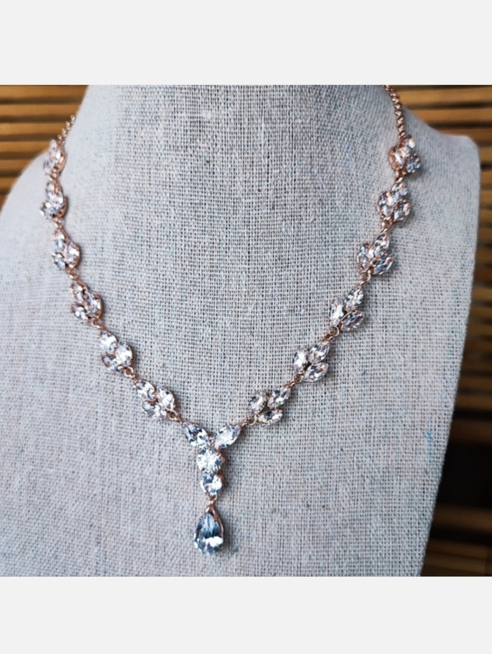 Rose Gold Tone Clear Rhinestone Y Necklace Bridal Formal Prong Set NWOT